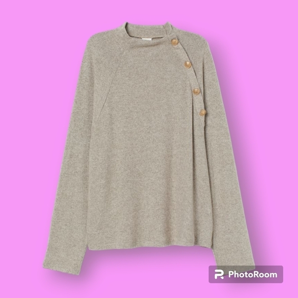 H&M Beige & Gold Button Fine-Knit Mock Neck Sweater Size Large - Picture 1 of 7